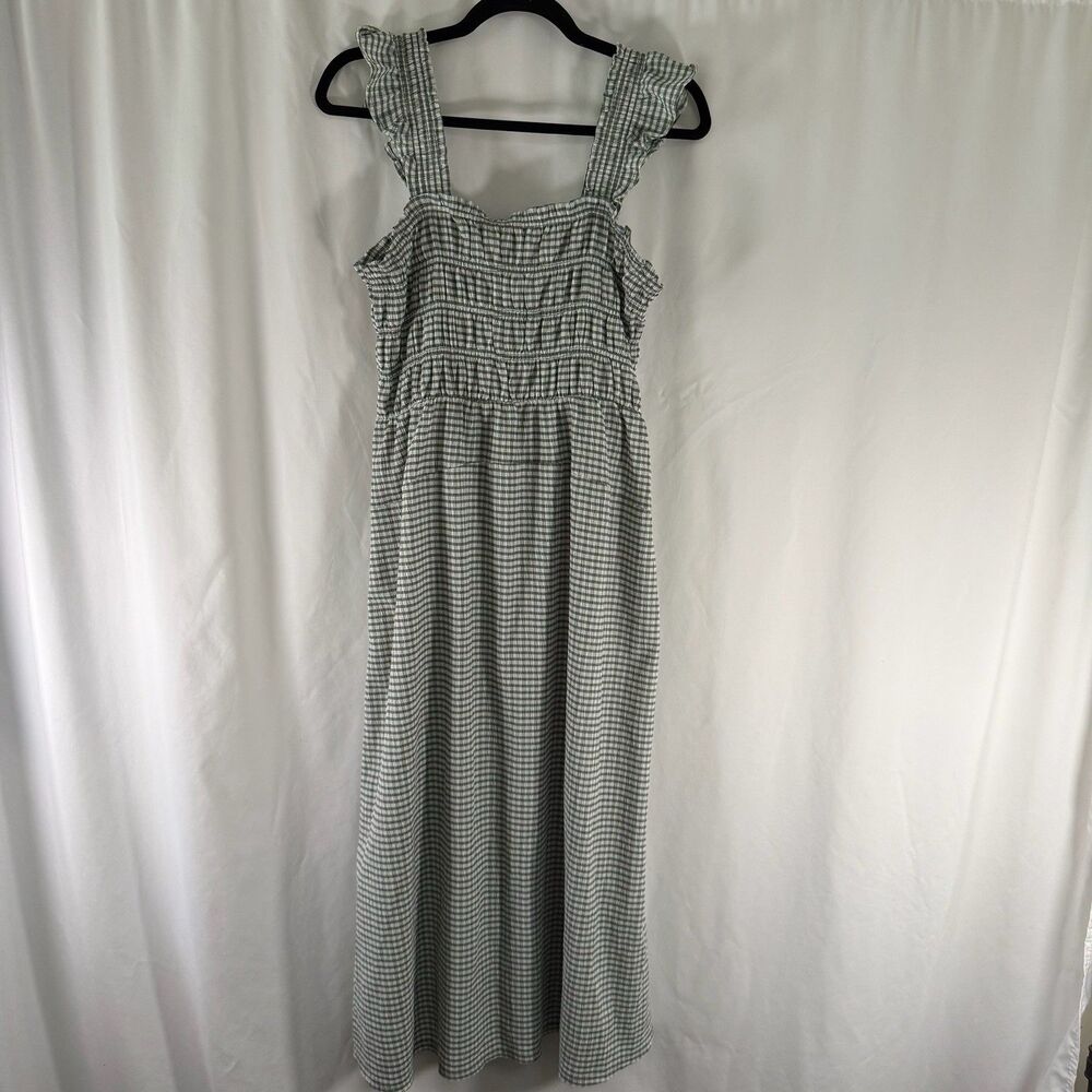 Old Navy Dress Women's Large Green White Plaid Sleeveless Smocked Pullover